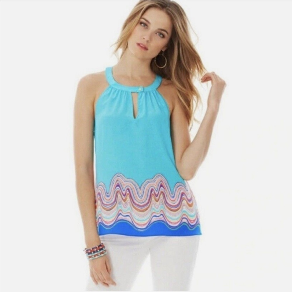 LILLY PULITZER Rogan Top Shorely Blue Catch Stripe Silk Keyhole Neck Tank